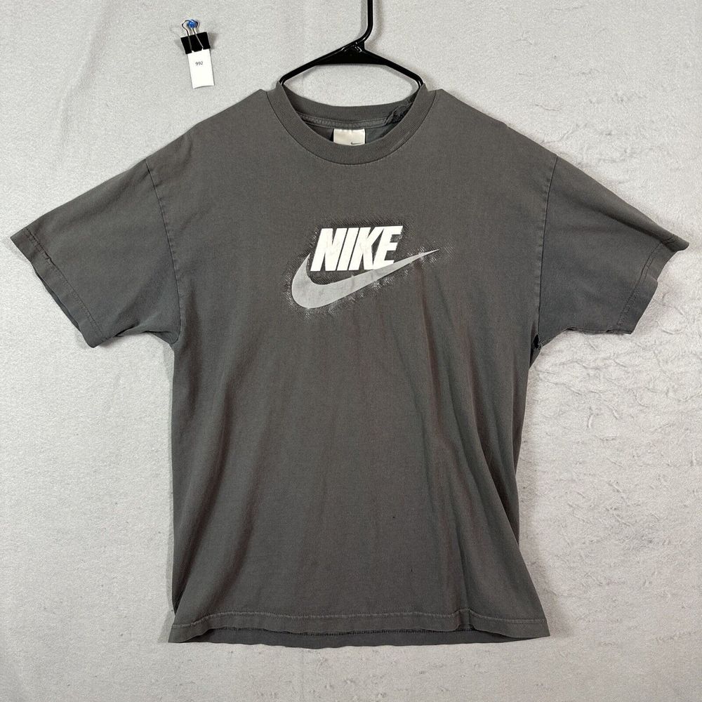 Nike Men T-Shirt Large Gray Y2K Swoosh Big Logo Crew Neck Short Sleeve Vintage - Picture 1 of 13